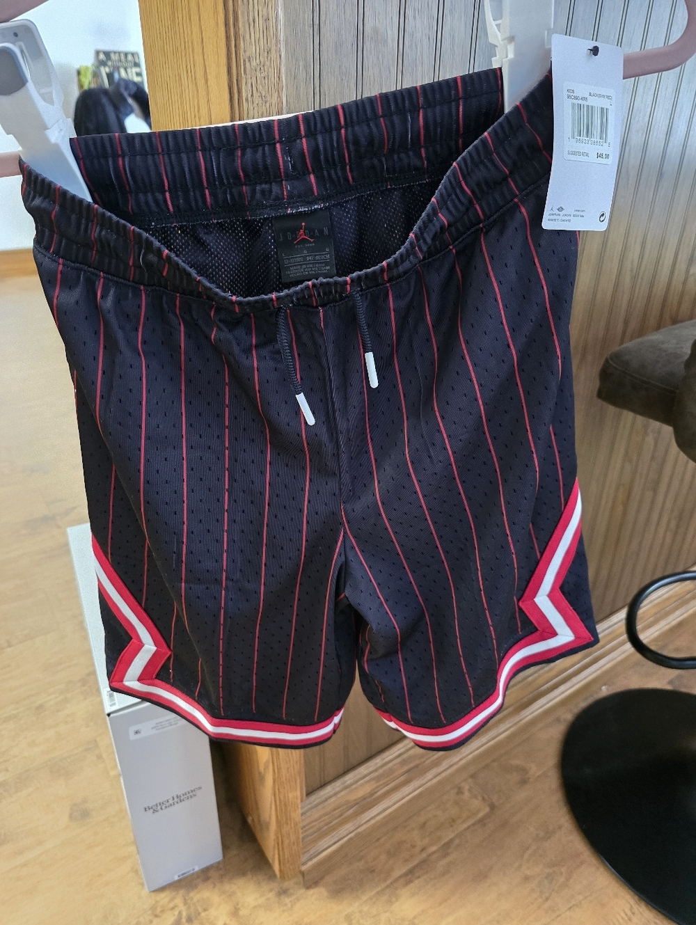 Jordan Youth Black Shorts with Red Pinstripes and White-Trim Accents